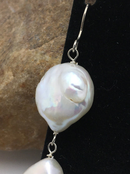 Beautiful White Sterling Silver Freshwater Pearl Dangle Earrings 1.5" 03078