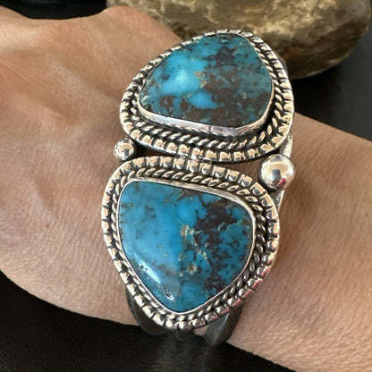 Navajo Blue TURQUOISE Stamped 2 Stone Sterling Silver Cuff Bracelet 8.25" 18717