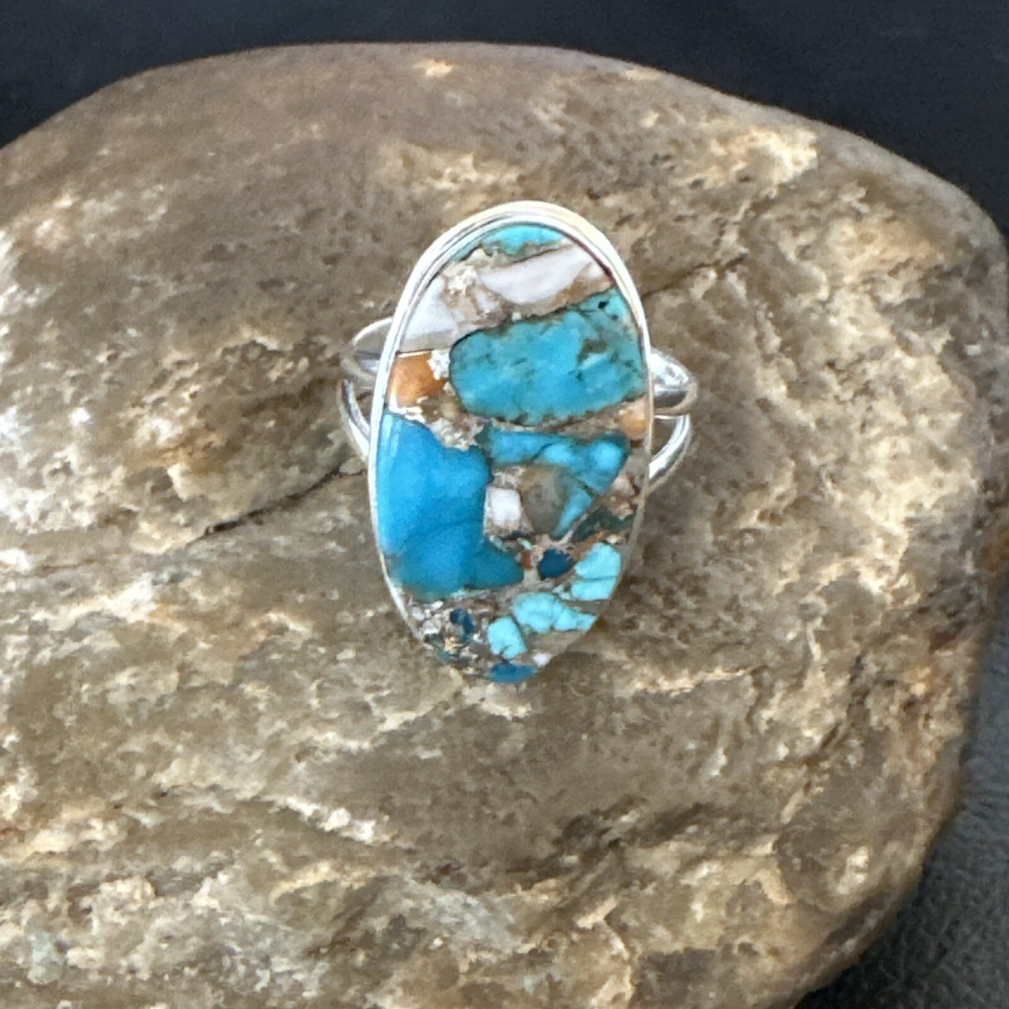 Blue Turquoise Spiny Oyster Southwestern Sterling Silver Ring Size 9 18538