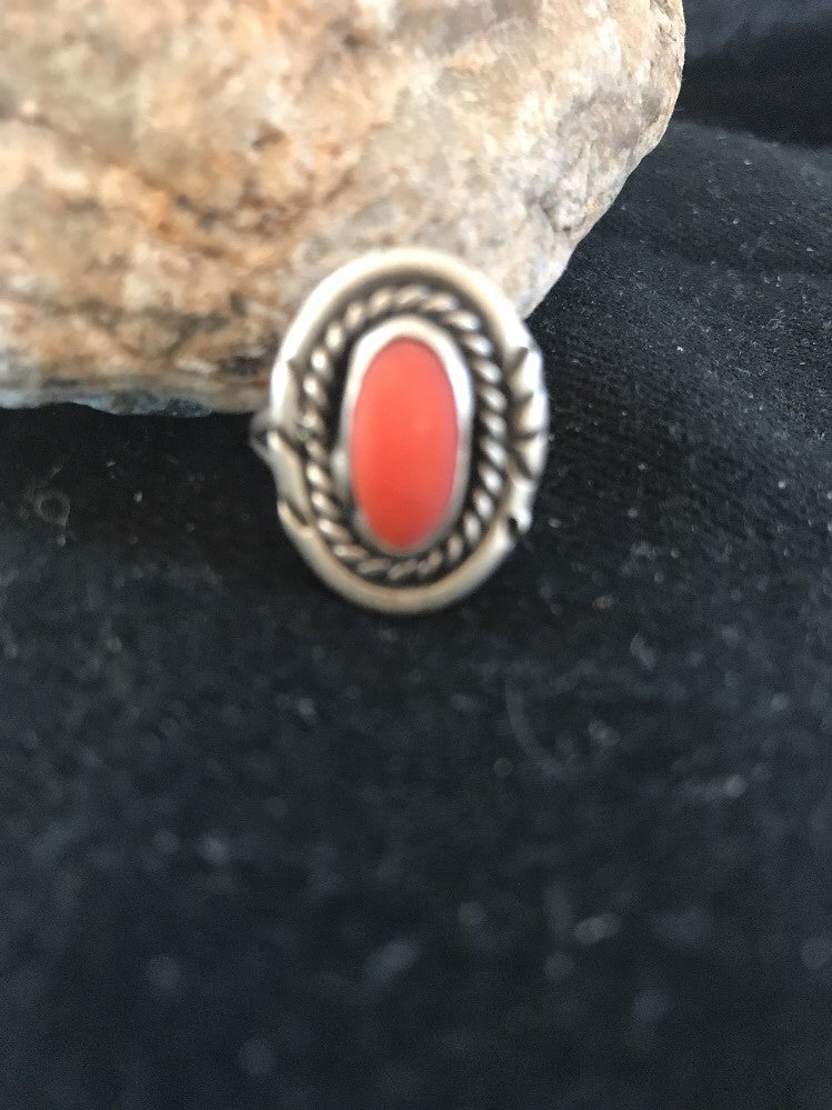 Red Coral Navajo Sterling Silver Old Pawn Ring Size 6 03485