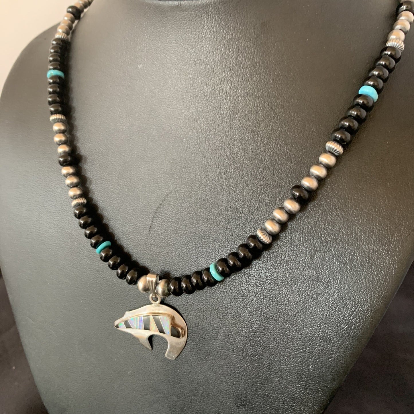 Turquoise Opal Inlay Pendant Black Onyx Navajo Sterling Silver Necklace 12688