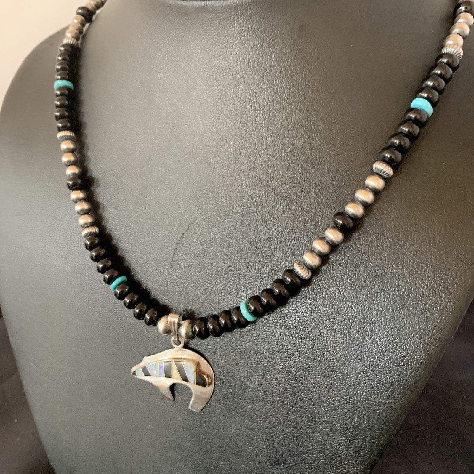 Turquoise Opal Inlay Pendant Black Onyx Navajo Sterling Silver Necklace 12688