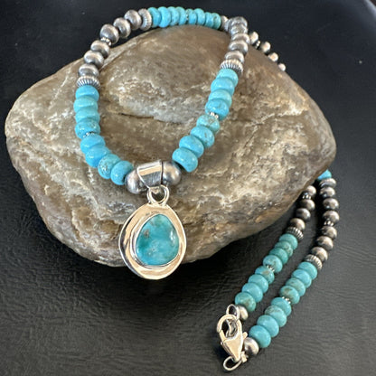 WoMens Blue Kingman Turquoise Pendant Navajo Sterling Silver Necklace 21" 18149