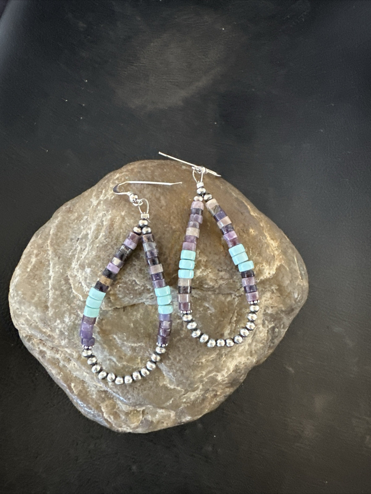 Blue Turquoise Purple Ston Heishi Sterling Silver Navajo Beads Earrings 2" 17838