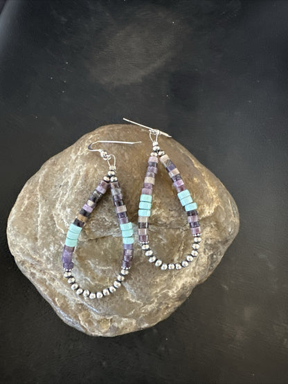 Blue Turquoise Purple Ston Heishi Sterling Silver Navajo Beads Earrings 2" 17838