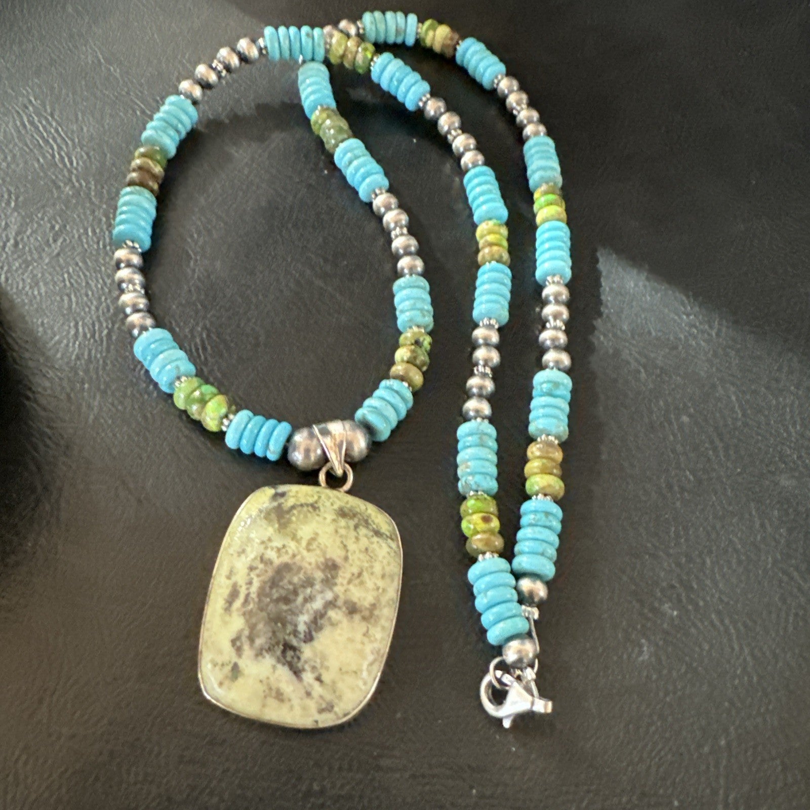 Green Gaspeite Pendant Blue Turquoise Navajo Sterling Silver Necklace 20" 19672