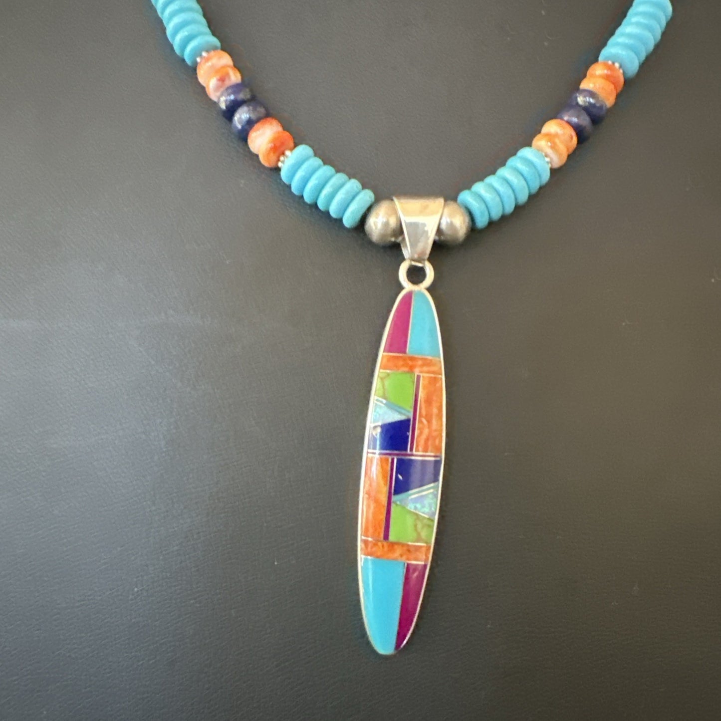 Multicolor Turquoise Spiny Navajo Sterling Silver Inlay Pendant Necklace 19653