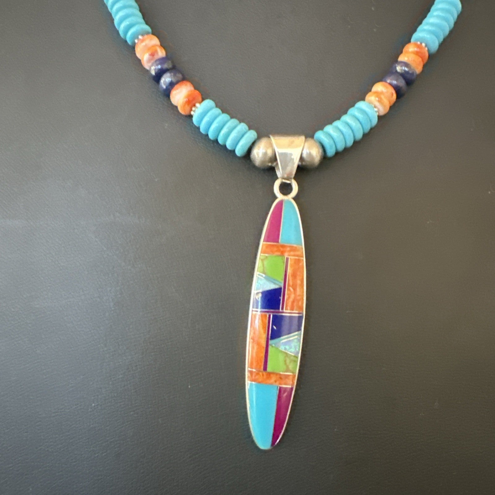 Multicolor Turquoise Spiny Navajo Sterling Silver Inlay Pendant Necklace 19653