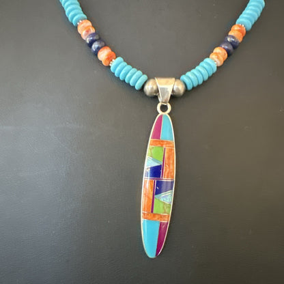 Multicolor Turquoise Spiny Navajo Sterling Silver Inlay Pendant Necklace 19653