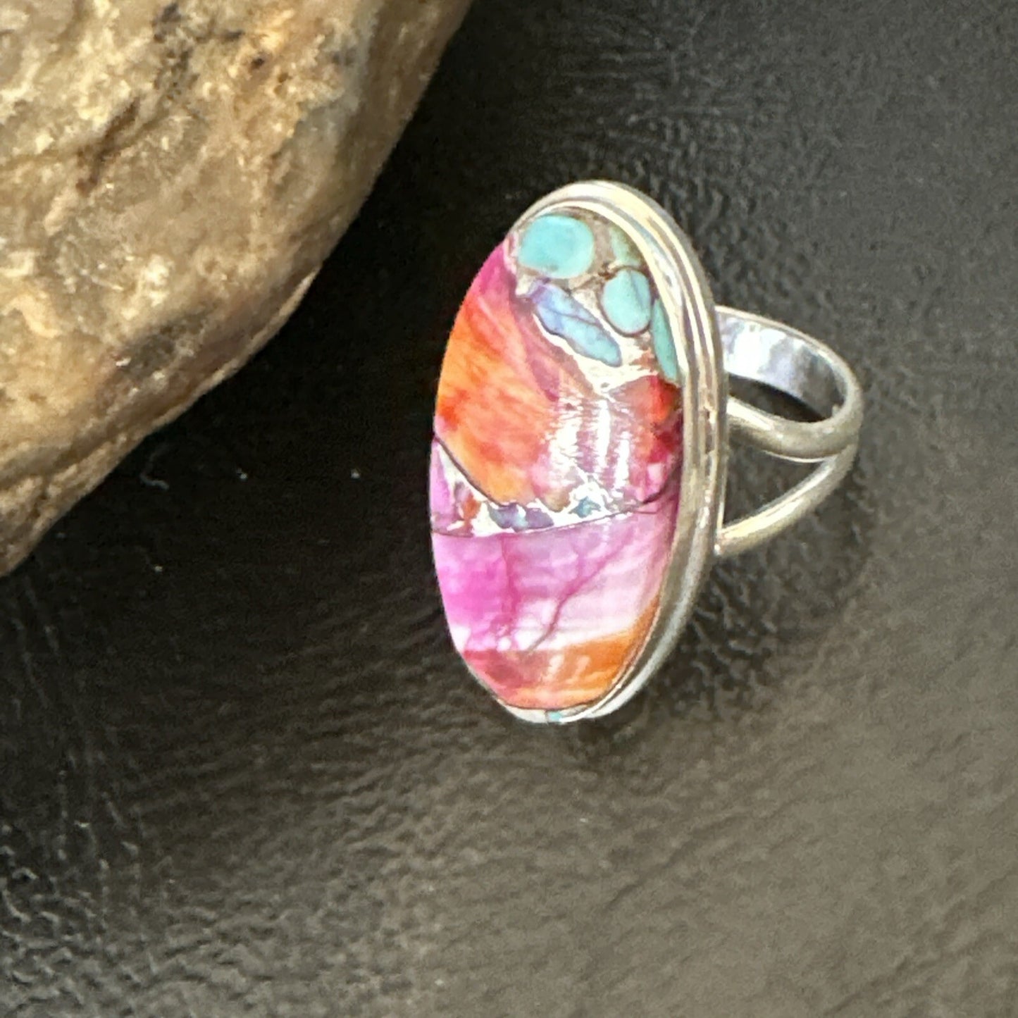 Blue Turquoise Spiny Oyster Southwestern Sterling Silver Ring Size 7 18494