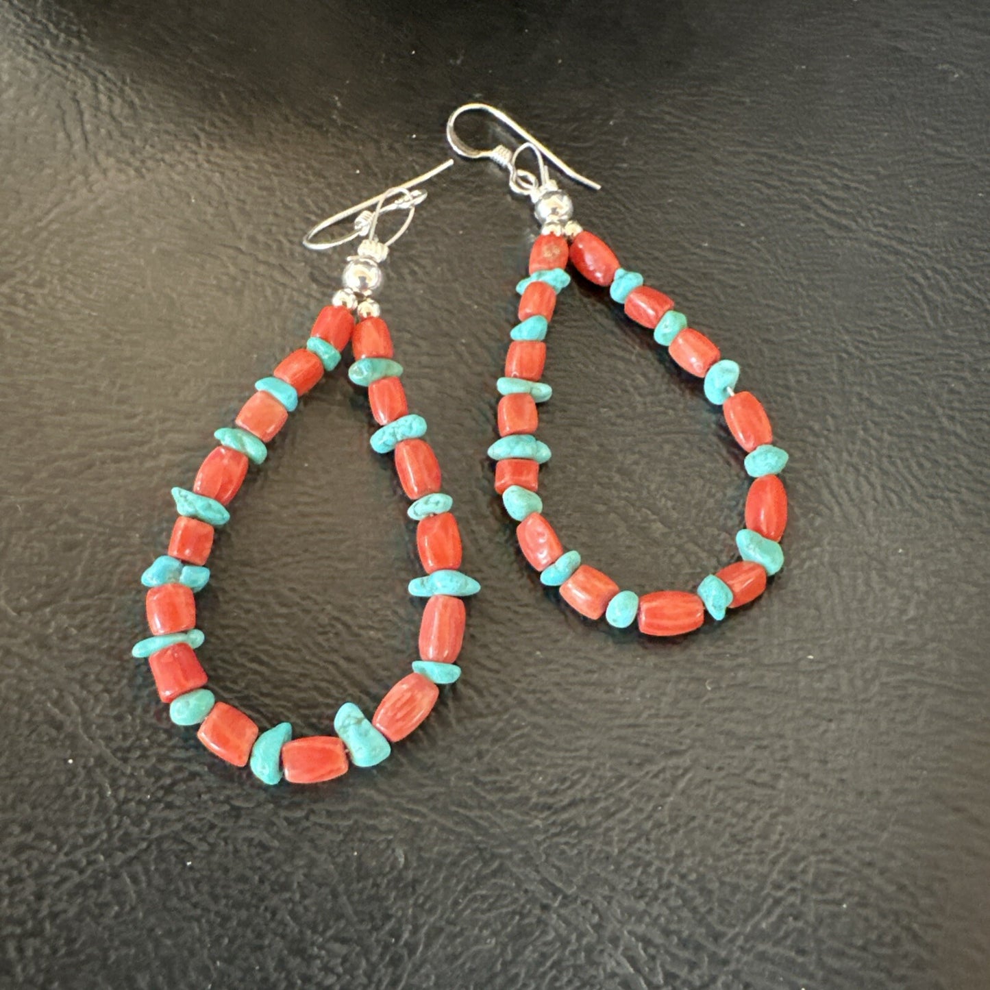 Blue Turquoise Coral Navajo Sterling Silver Earrings 2” 18835