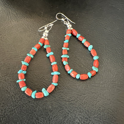 Blue Turquoise Coral Navajo Sterling Silver Earrings 2” 18835