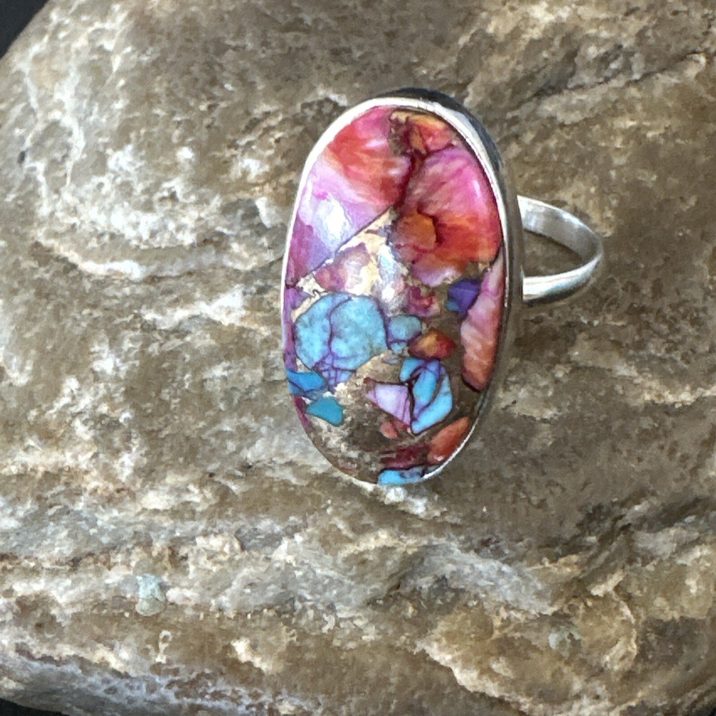 Blue Turquoise Spiny Oyster Southwestern Sterling Silver Ring Size 11 18451
