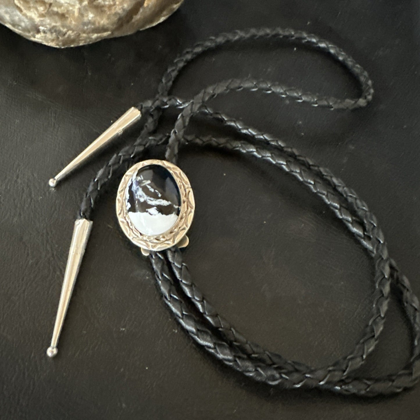 Mens BOLO TIE WHITE BUFFALO TURQUOISE Sterling Silver Navajo 1" 19123