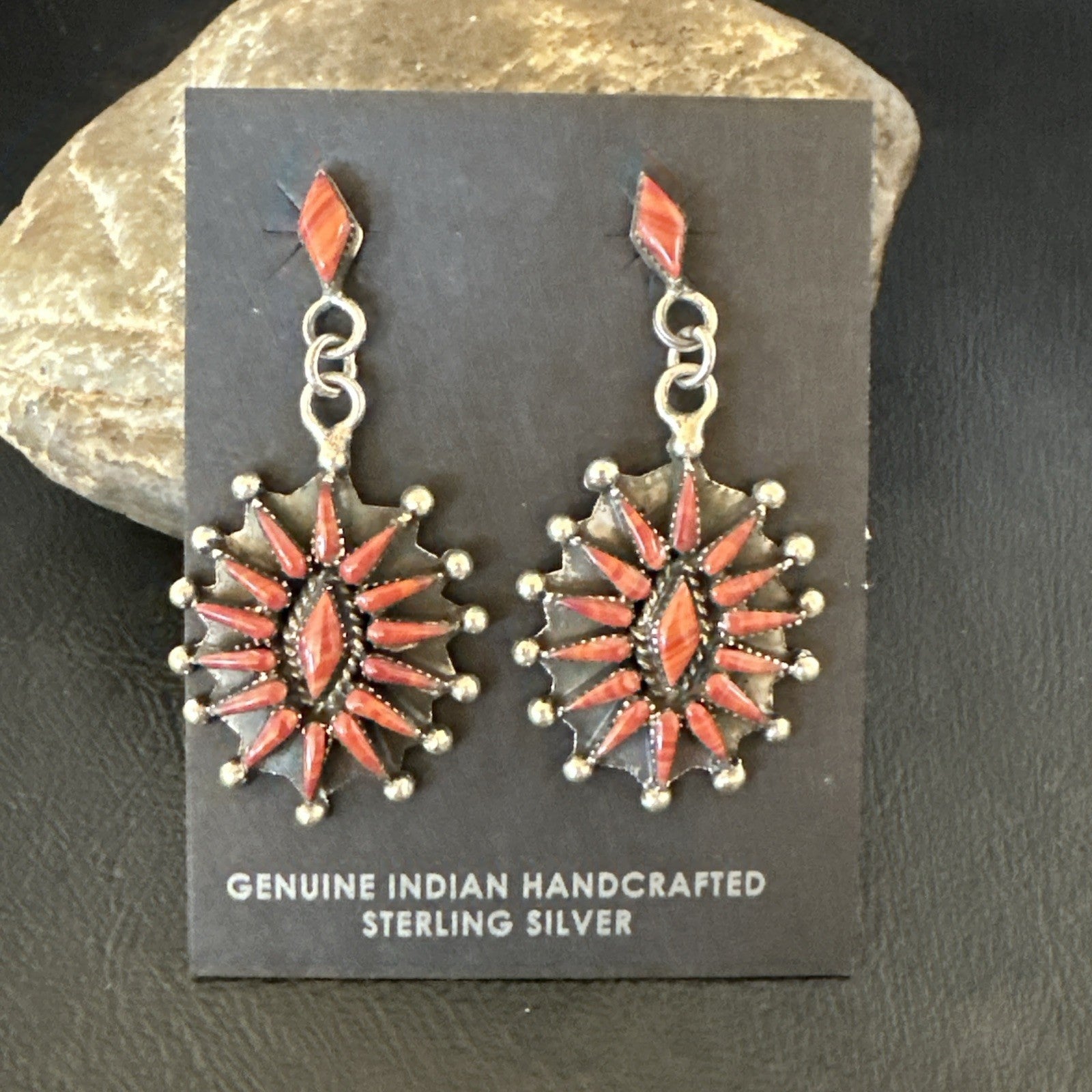 Red Coral Needlepoint Zuni Sterling Silver Dangle Earrings 19100