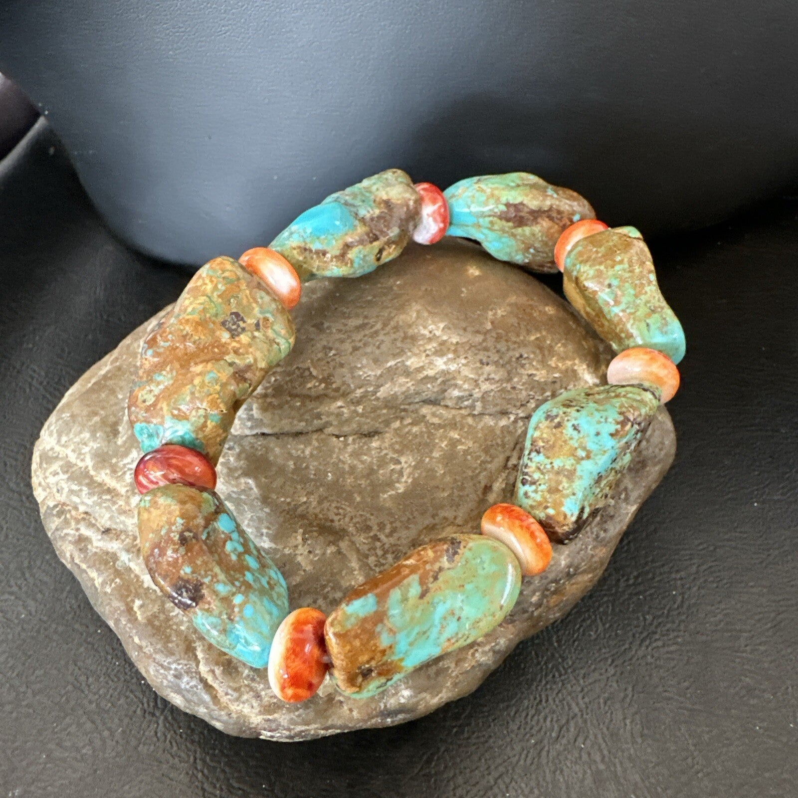 Mens Womens Green Turquoise Spiny Stretch Stone Friendship Bracelet 7" 18862