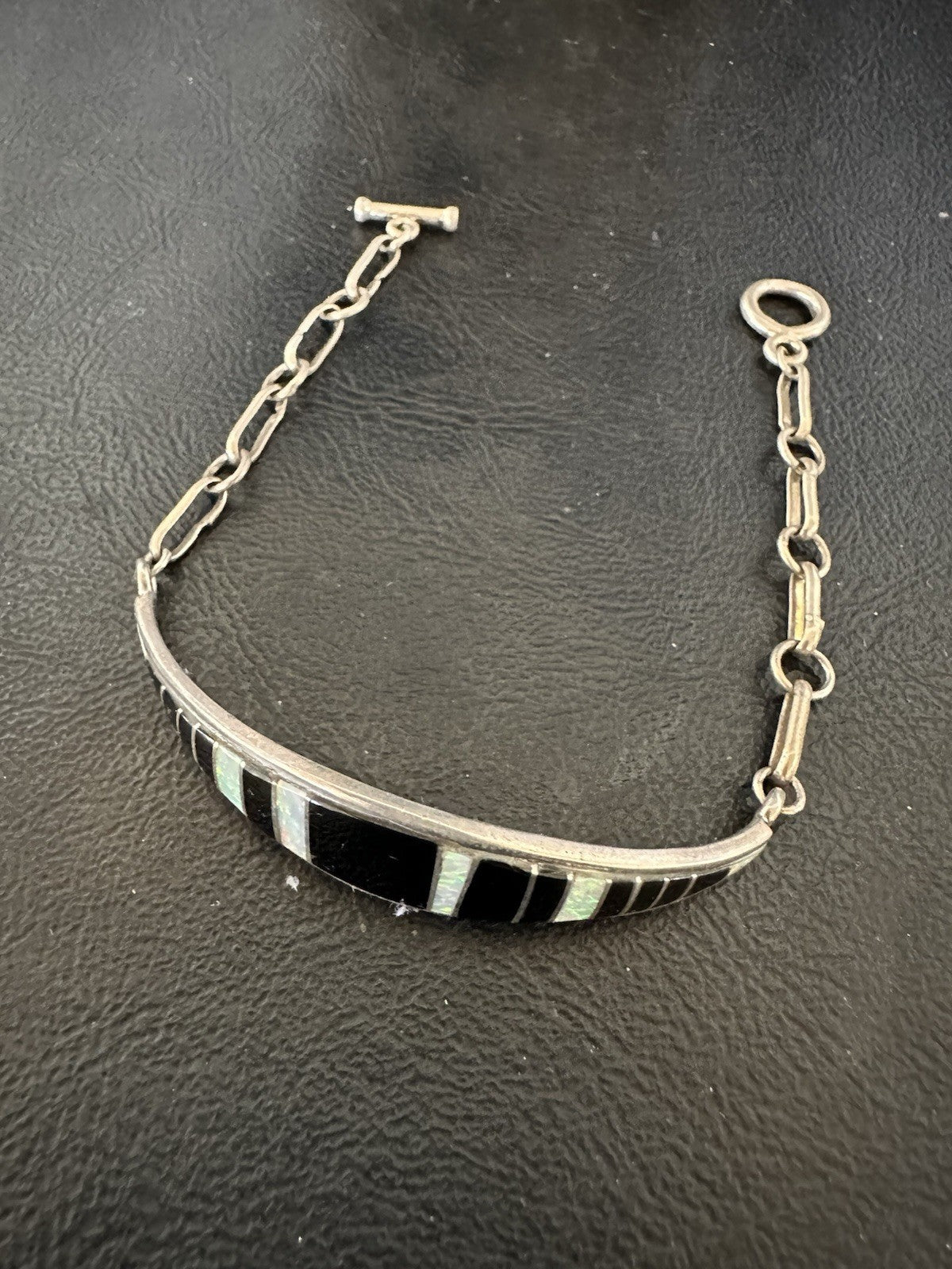 Inlay Bracelet Black Onyx Navajo Old Pawn Sterling Silver Link Bracelet 7" 19793