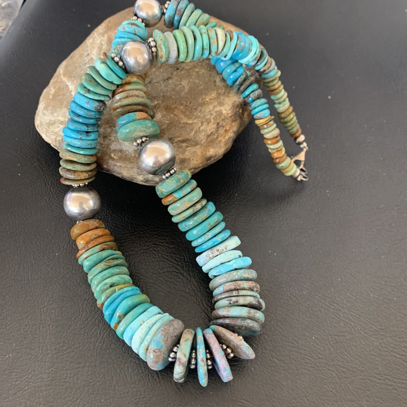Blue Green Turquoise Navajo Sterling Silver Necklace 20" 11962
