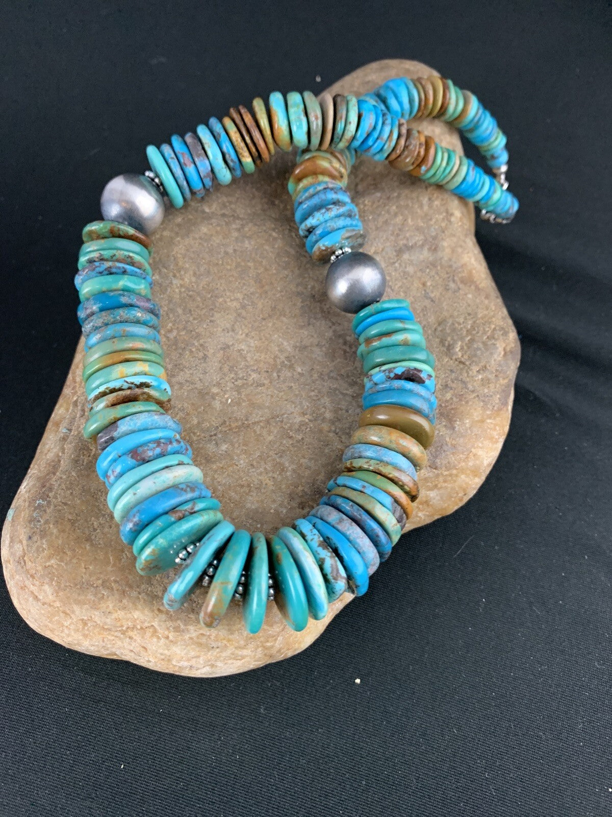 Mens Blue Green Turquoise Navajo Sterling Silver Necklace A3