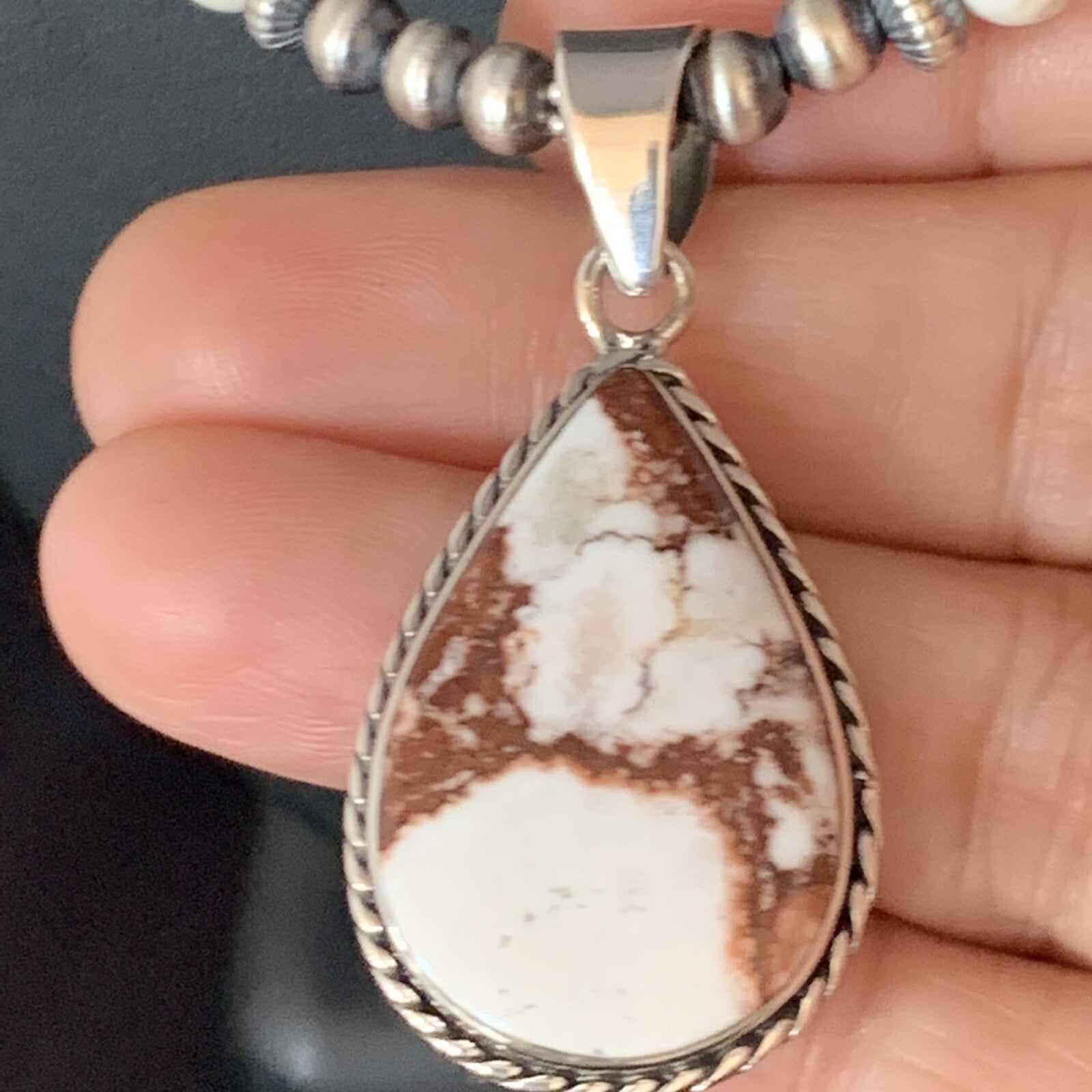 Navajo Pearls Sterling Silver Wild Crazy Horse Turquoise Necklace Pendant 13905