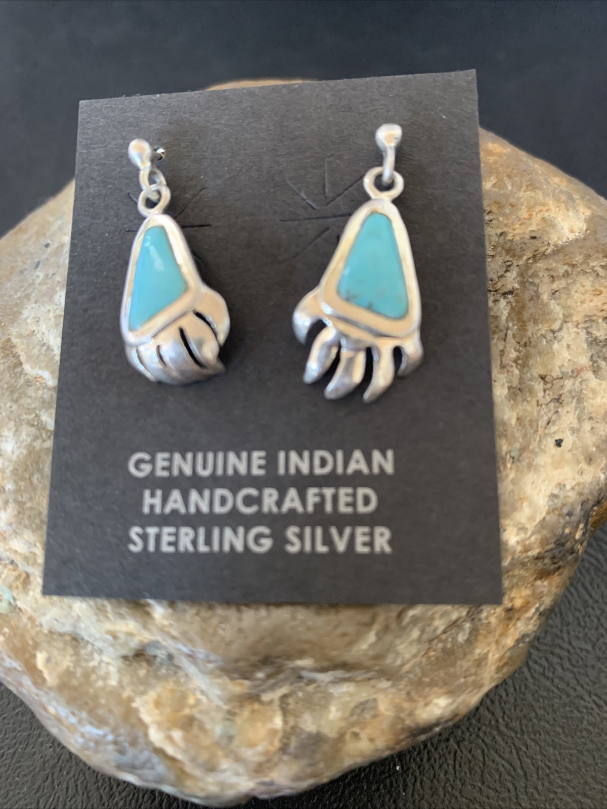Turquoise BearPaw Inlay Navajo Sterling Silver Dangle Post Earrings 0.50" 12743