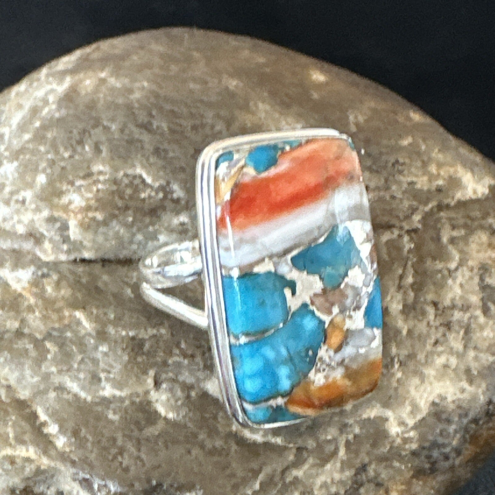 Blue Turquoise Orange Spiny Oyster Navajo Sterling Silver Ring Size 10 18246