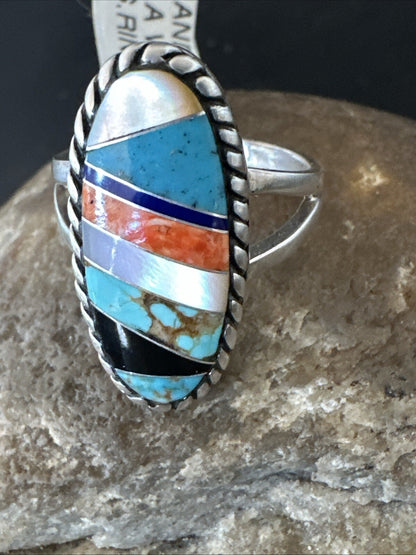 MultiColor Navajo Sterling Turquoise Spiny Oyster Inlay Ring Sz 8.5 18705