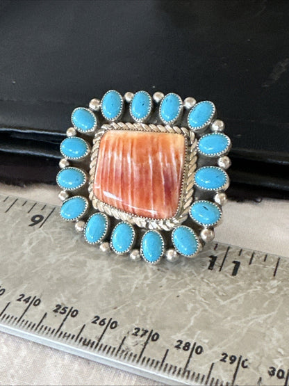 Orange Spiny Oyster Turquoise Navajo Sterling Silver Cluster Ring Sz 9 19761