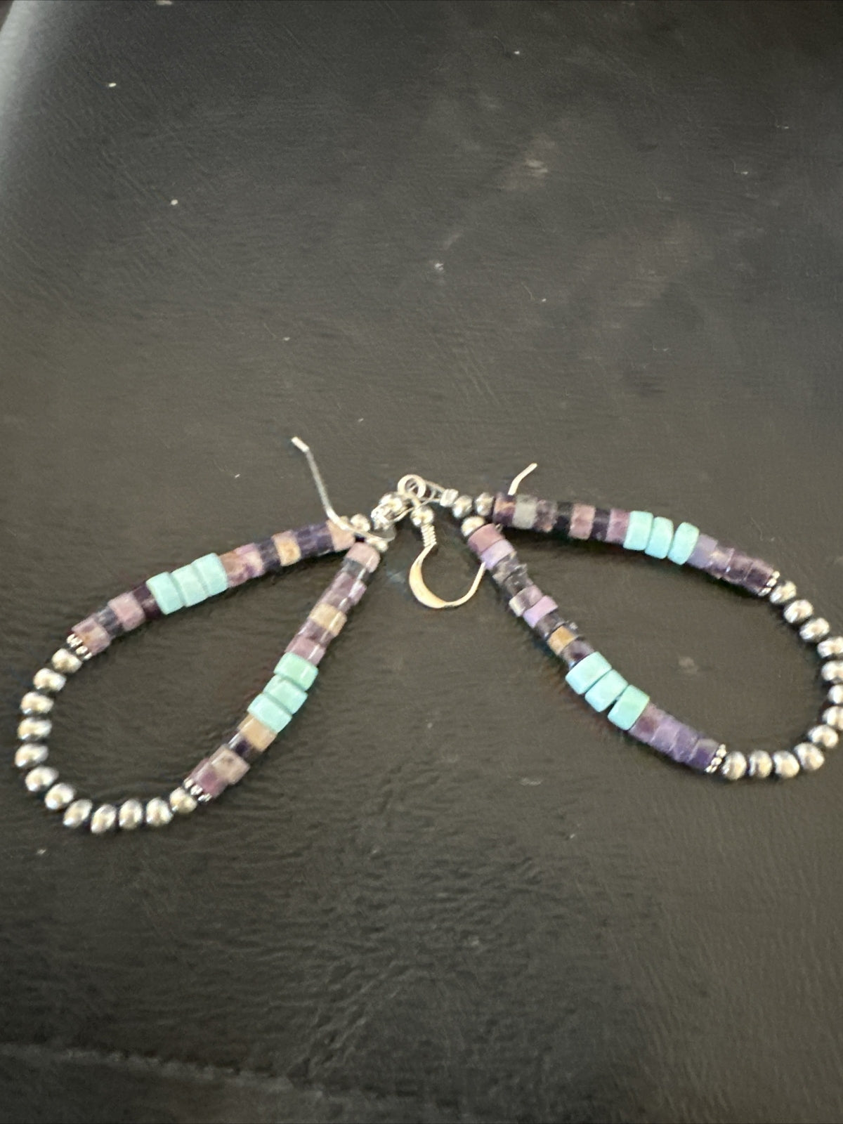 Blue Turquoise Purple Ston Heishi Sterling Silver Navajo Beads Earrings 2" 17838