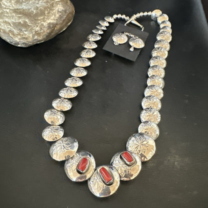Reversible Coral Turquoise Navajo Sterling Silver Necklace Earrings 24" 17769