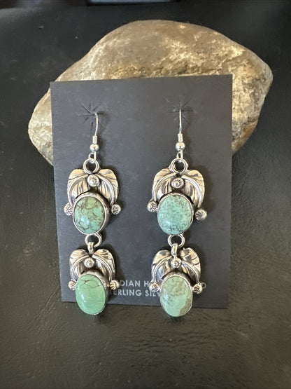 Native Navajo Green Turquoise Sterling Silver Dangle Earrings 2” 17910