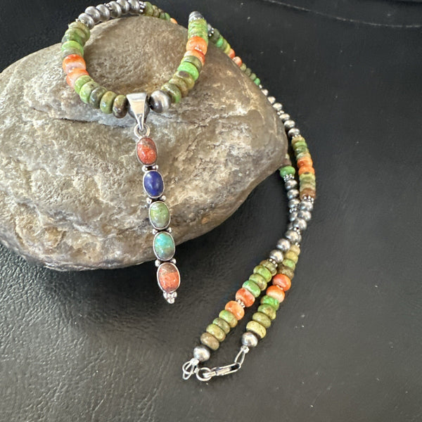 Feather Multicolor Turquoise Pendant Navajo Necklace | Sterling Silver | Authentic Native American Handmade | 18733