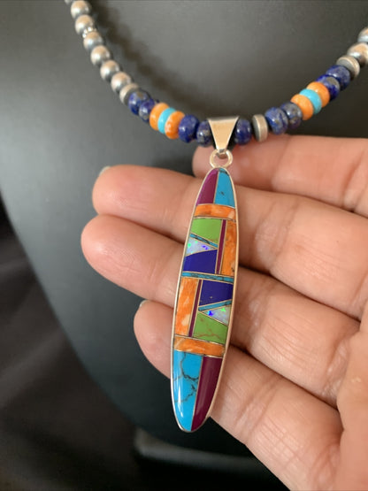 Turquoise & Spiny Oyster Inlay Pendant Navajo Sterling Silver Necklace 11637