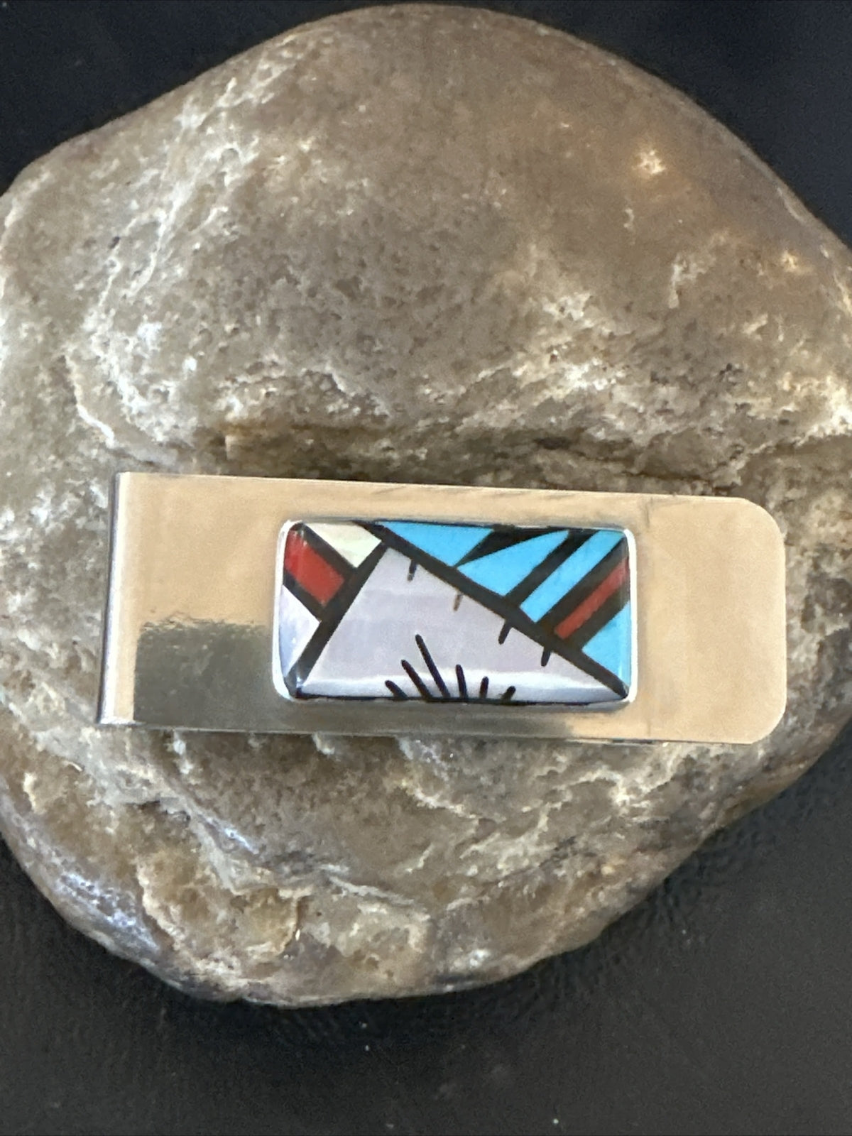 A Zuni Mens Turquoise Spiny Inlay Stainless Sterling Silver Money Clip 17833