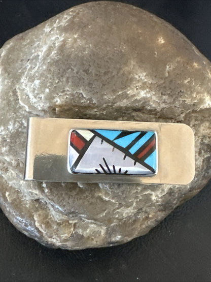 A Zuni Mens Turquoise Spiny Inlay Stainless Sterling Silver Money Clip 17833
