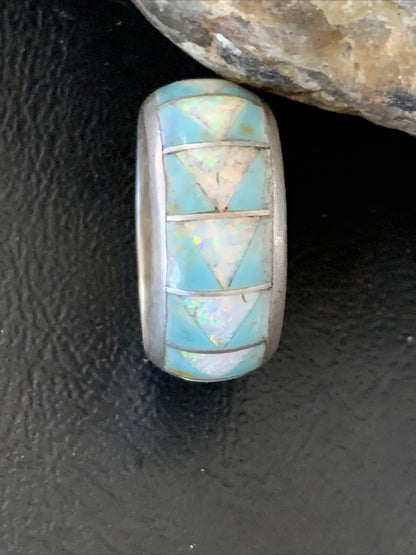 Mens Blue Turquoise Opal Navajo Sterling Silver Inlay Ring Size 11 19606
