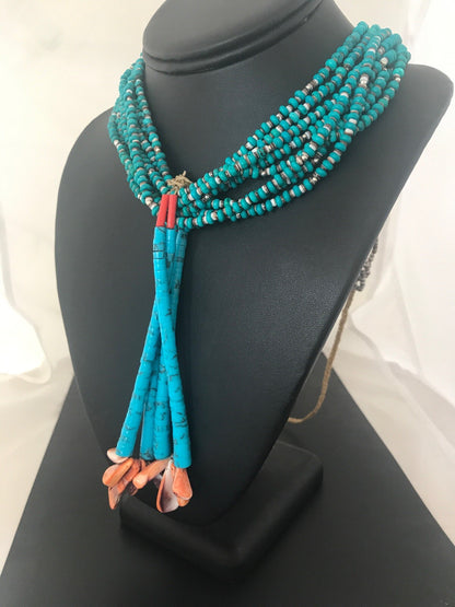 Mens Turquoise Bead 9 Strands Navajo Pearls Sterling Silver Necklace 08451