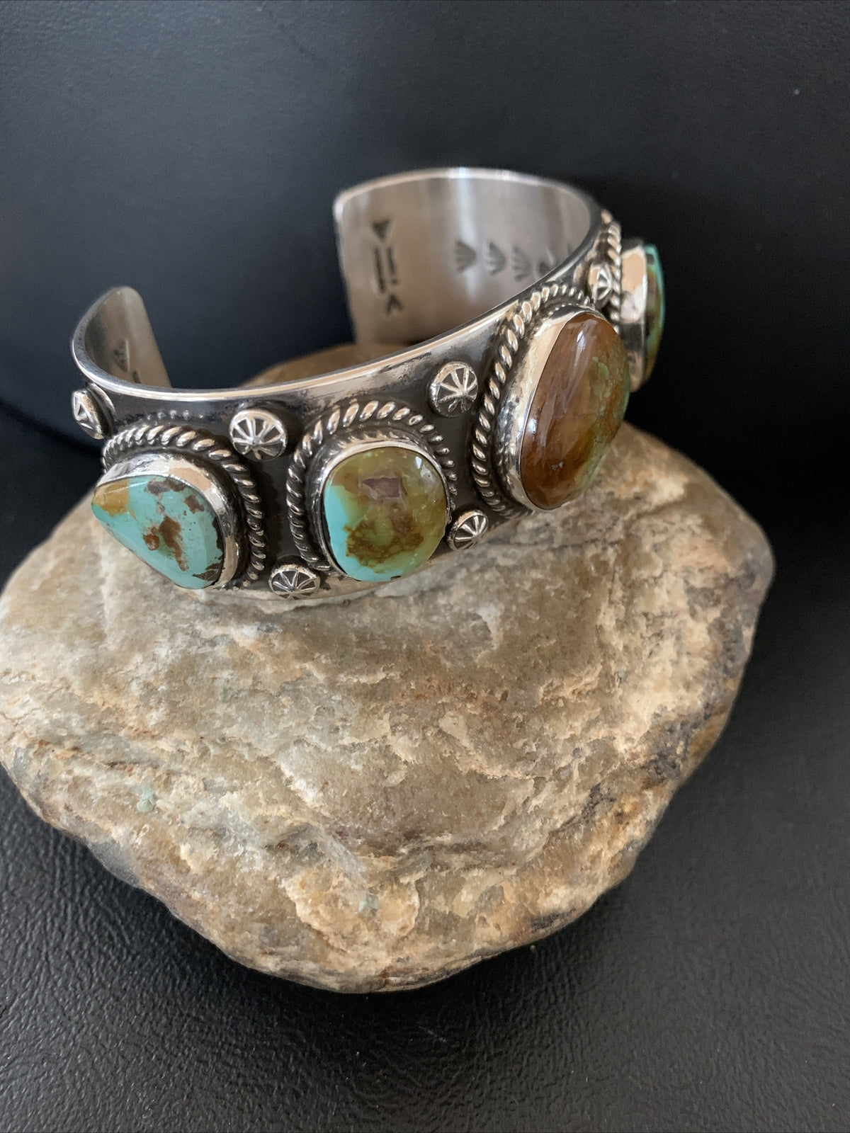 Green Royston Turquoise 5 Stone Navajo Sterling Silver Cuff Bracelet 1380