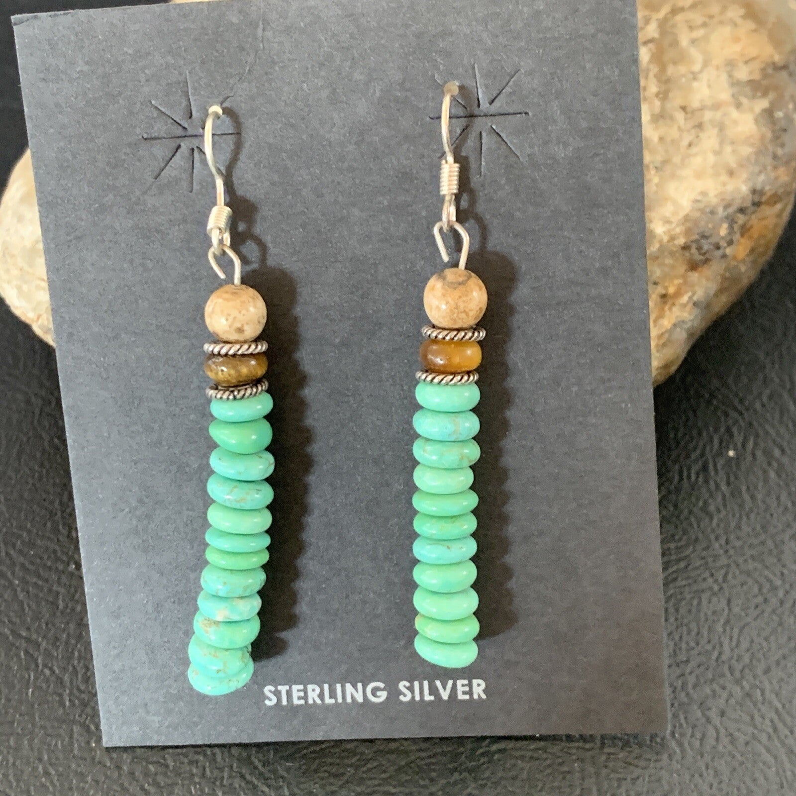 Green Turquoise & Picture Jasper Bead Navajo Sterling Silver Earrings 04080