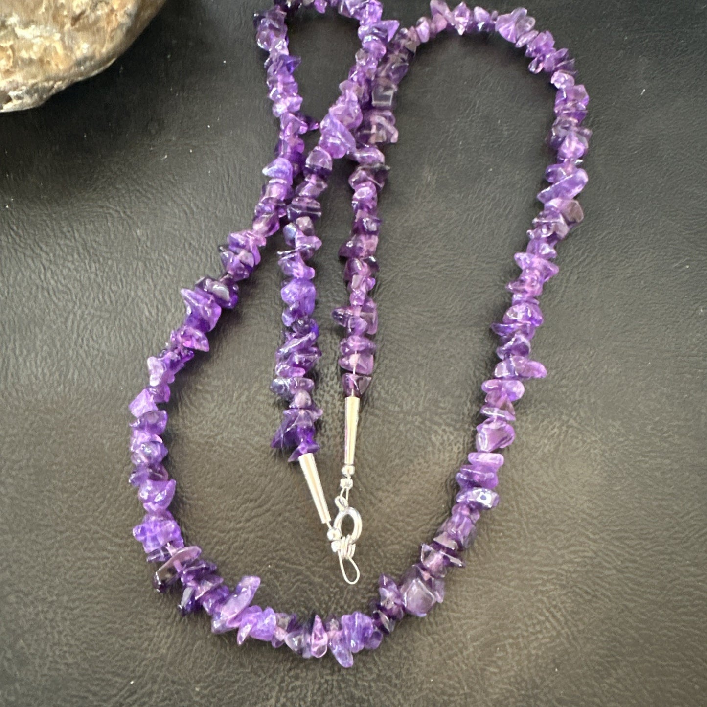 Purple Amethyst Southwestern Nugget Bead Sterling Silver Necklace 27” 19017
