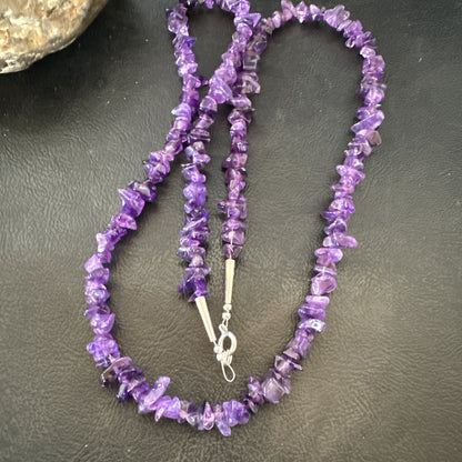 Purple Amethyst Southwestern Nugget Bead Sterling Silver Necklace 27” 19017