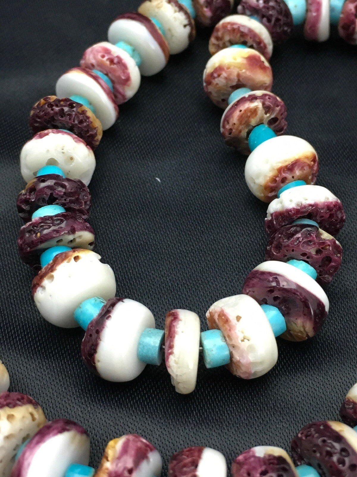 Purple Spiny Oyster & Turquoise Navajo Sterling Silver Bead Necklace 02617
