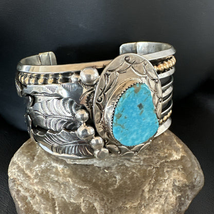 Blue Turquoise Navajo Sterling Silver Cuff Bracelet 12K Gold 19131