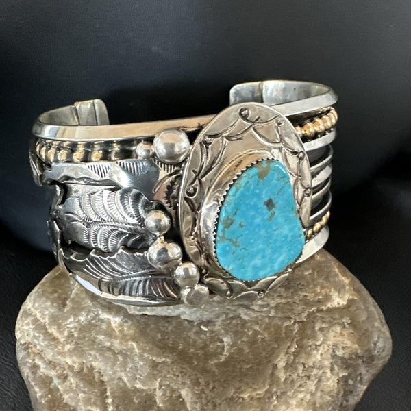 Blue Turquoise Navajo Cuff Bracelet 12K Gold | Sterling Silver | Authentic Native American Handmade | 19131
