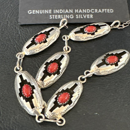 Old Native Navajo Red Coral Sterling Silver Shadowbox Necklace Earrings 18”19102