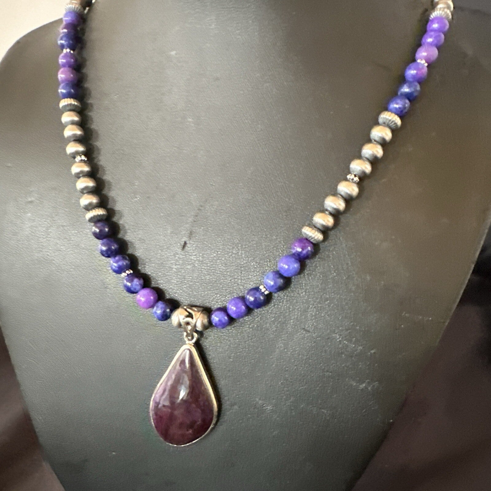 Purple Stone Pendant Navajo Pearls Sterling Silver Necklace 23" 17891