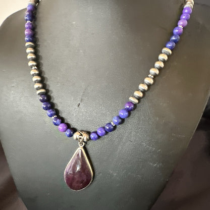 Purple Stone Pendant Navajo Pearls Sterling Silver Necklace 23" 17891