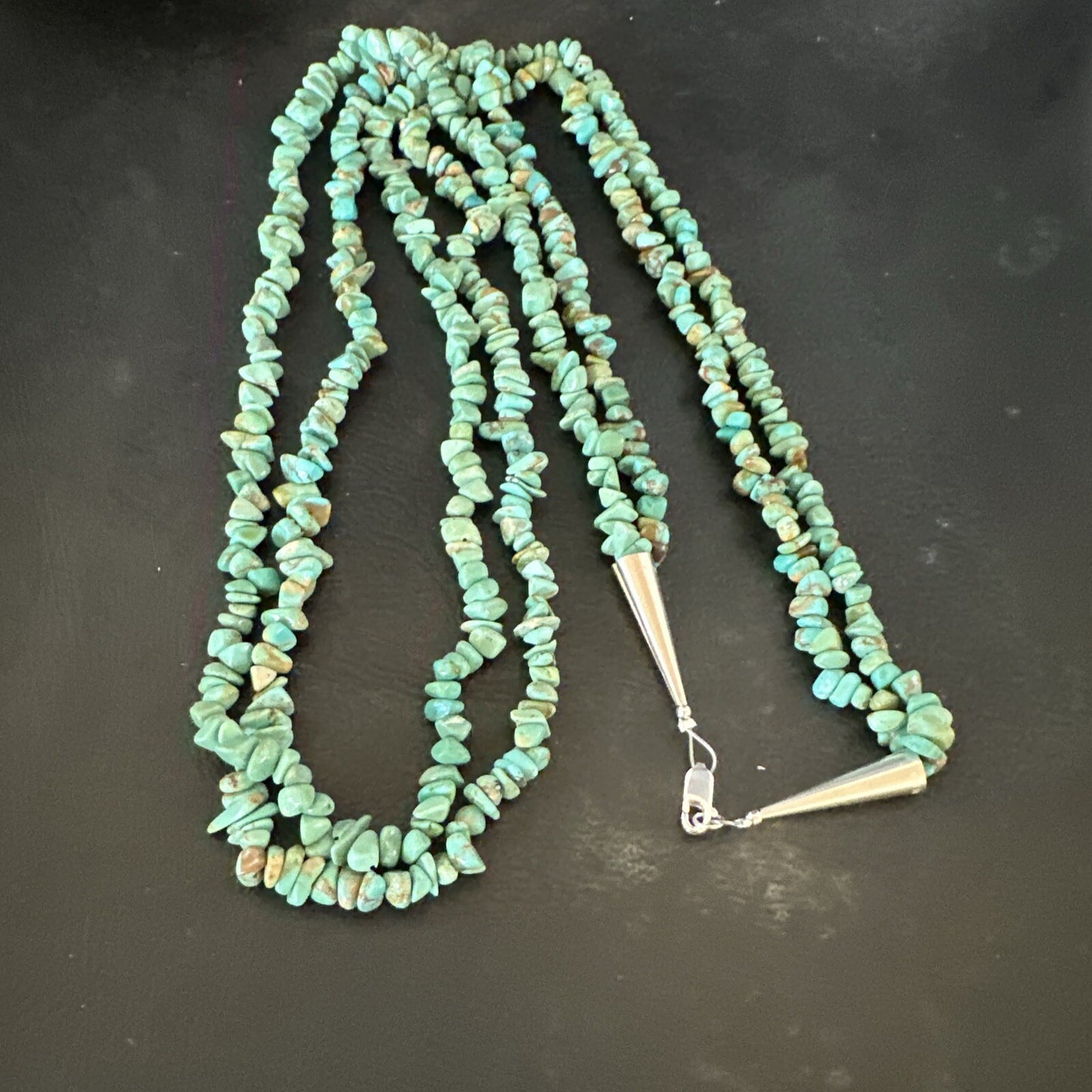 Green Turquoise 2S Nugget Beads Navajo Sterling Silver Necklace 30” 17780