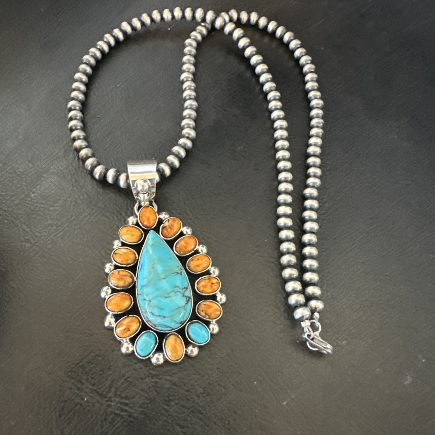 Multicolor Turquoise Spiny Navajo Sterling Silver Cluster Pendant Necklace 19559