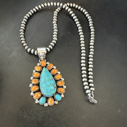 Multicolor Turquoise Spiny Navajo Sterling Silver Cluster Pendant Necklace 19559